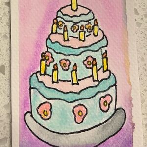 Handmade ACEO Watercolor Birthday Cake Art